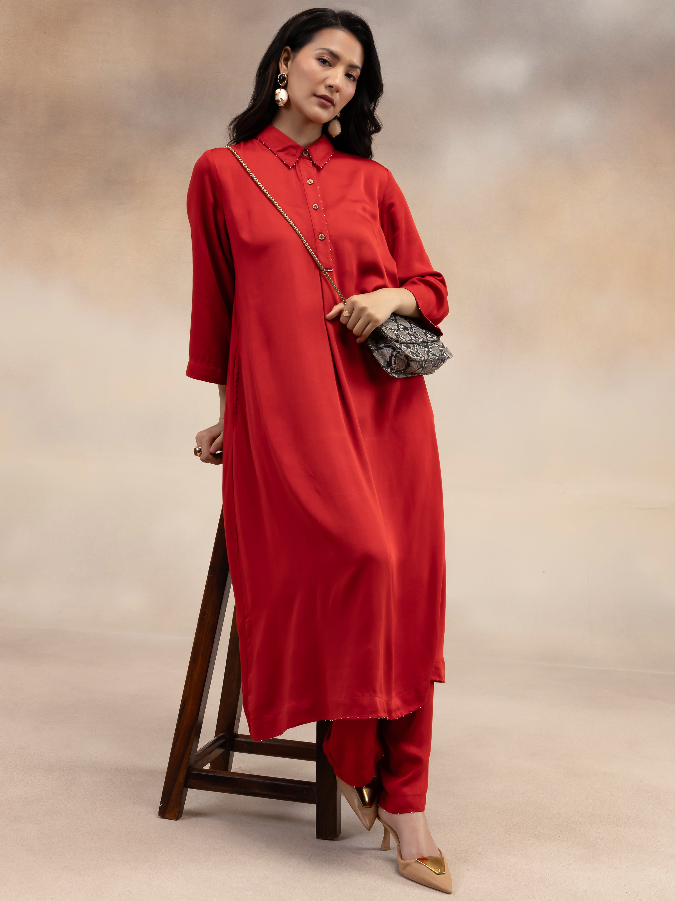 Women Red Modal Kurta Set with Bead Embellishment