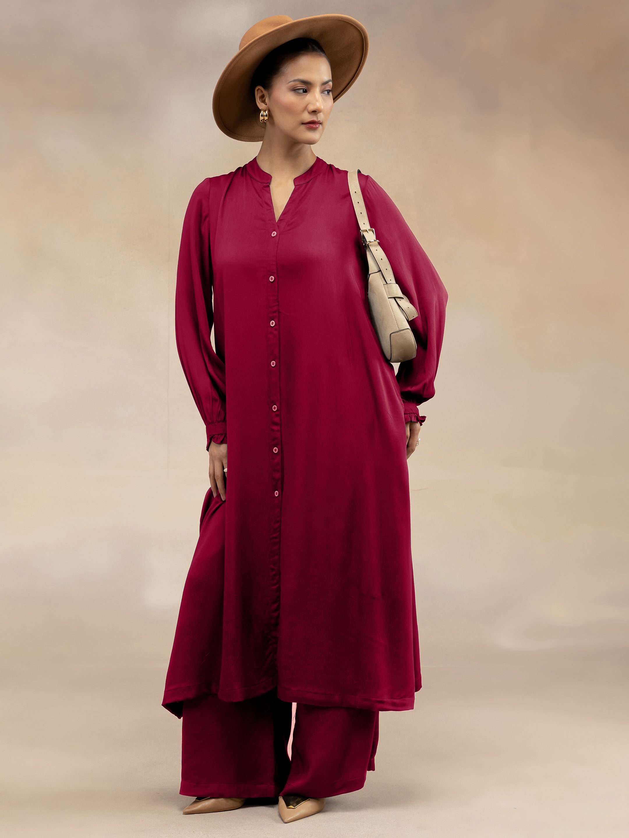 Women Magenta Modal Button-Down Kurta Set