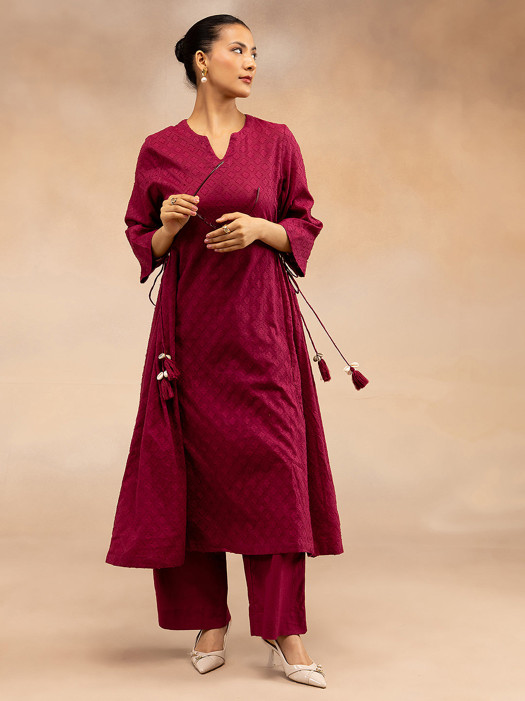 Women Magenta Cotton Dobby Kurta with Waist Tie-Up