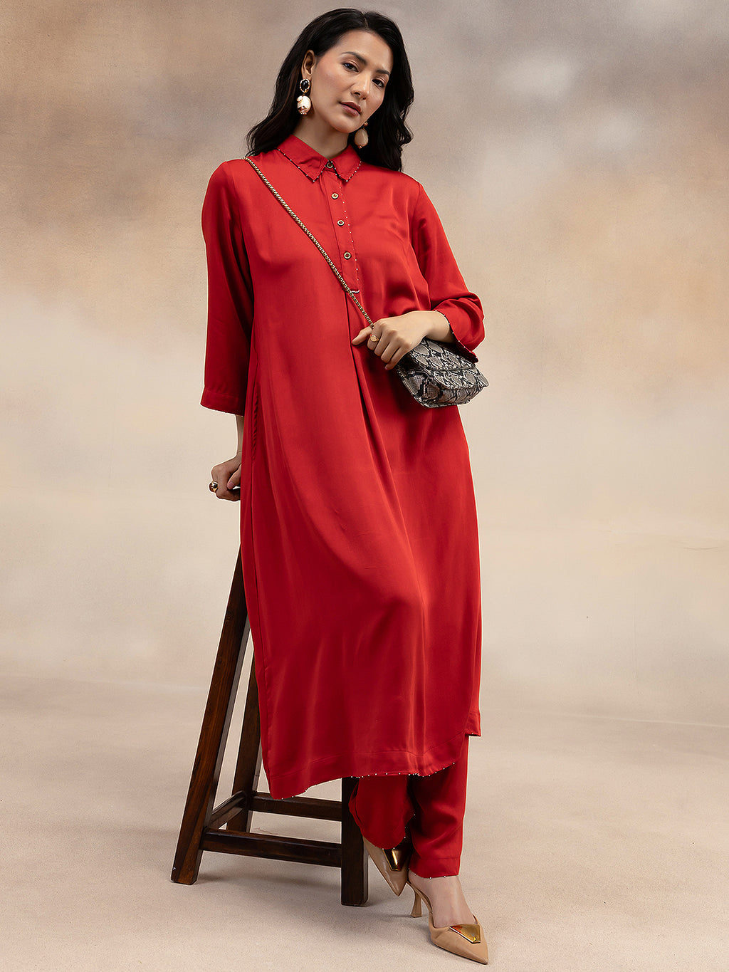 Women Red Modal Kurta with Bead Embellishment