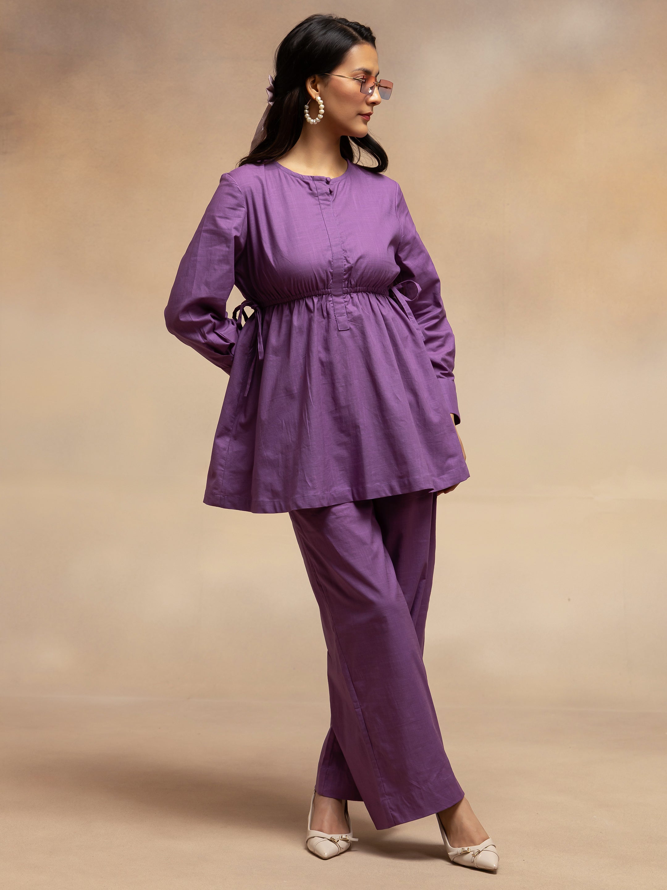 Women  Purple Solid Cotton Slub Gathered Tunic Co-Ord Set