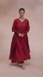 Women Maroon Solid Zari Embroidered Anarkali Dress with Crushed Dupatta