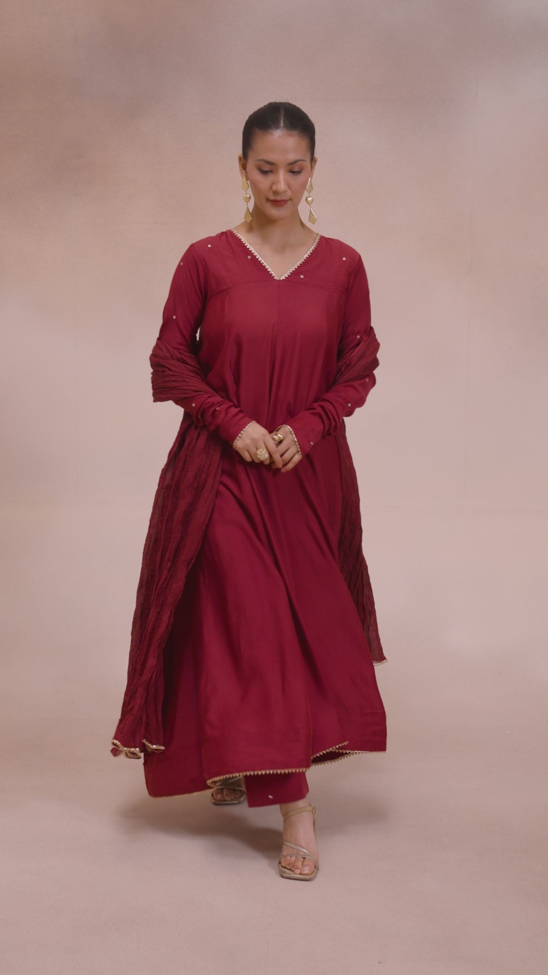Women Maroon Solid Zari Embroidered Anarkali Dress with Crushed Dupatta