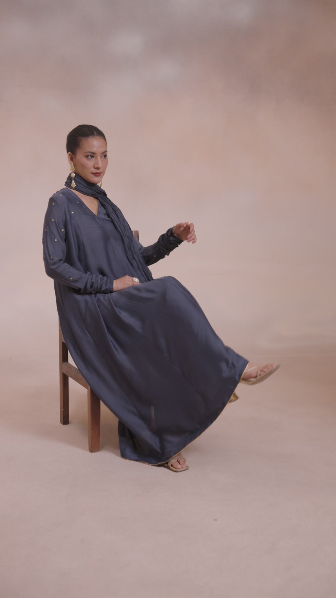 Women Navy Solid Zari Embroidered Anarkali Dress with Crushed Dupatta